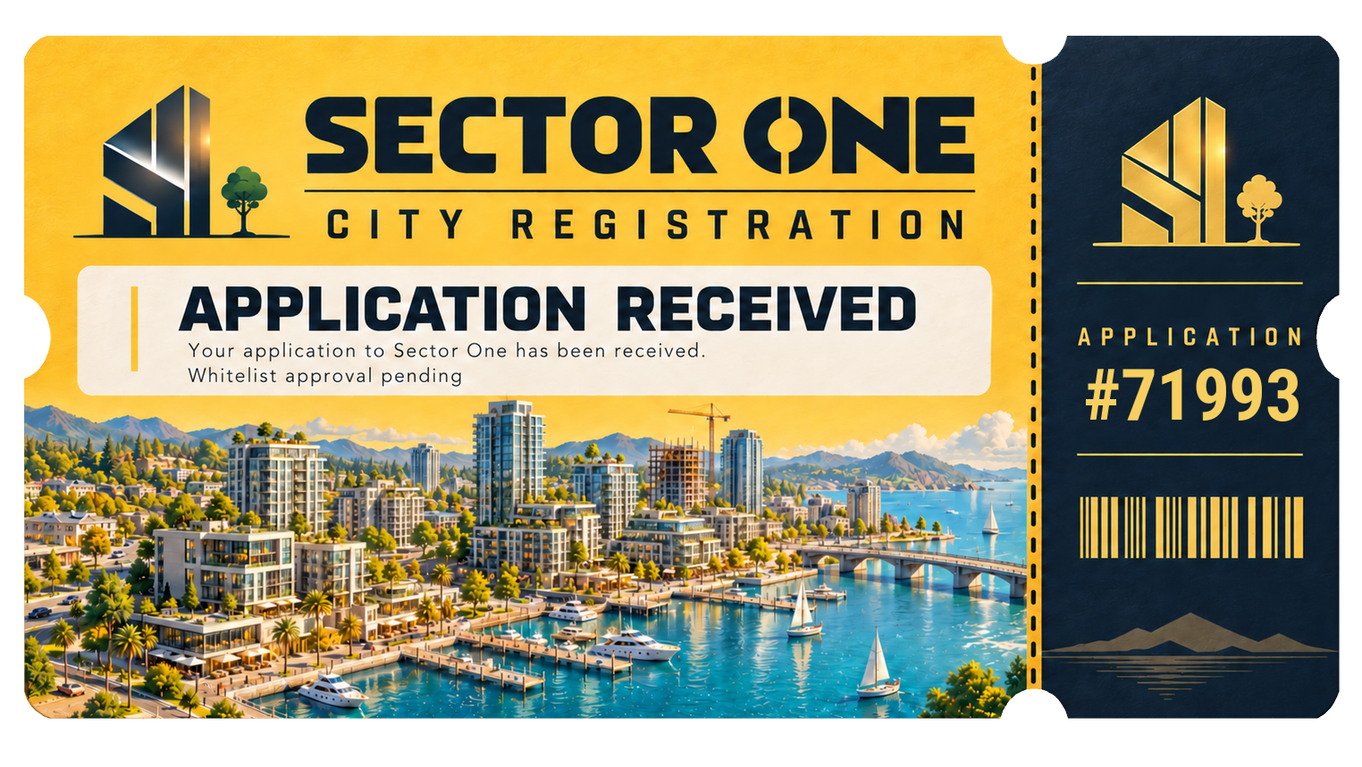 Sector One City Registration Ticket with application #71993.